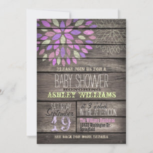 Invitation Baby shower en bois rustique violet, rose, vert