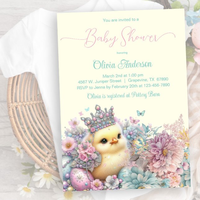 Invitation Baby shower en briques Pastel de Pâques (Sweet little chick with pretty eggs, butterflies and flowers. Instant download and printed available)