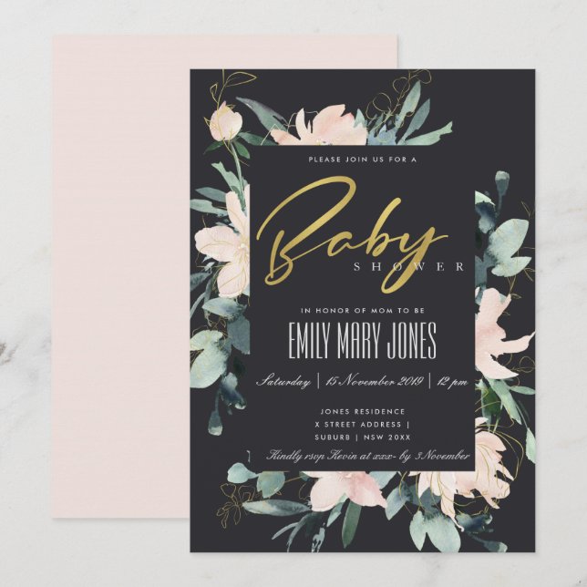 INVITATION BABY SHOWER EN CADRE FLORAL NOIR (Devant / Derrière)