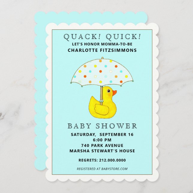 Invitation Baby shower en caoutchouc Ducky avec parapluie (Devant / Derrière)