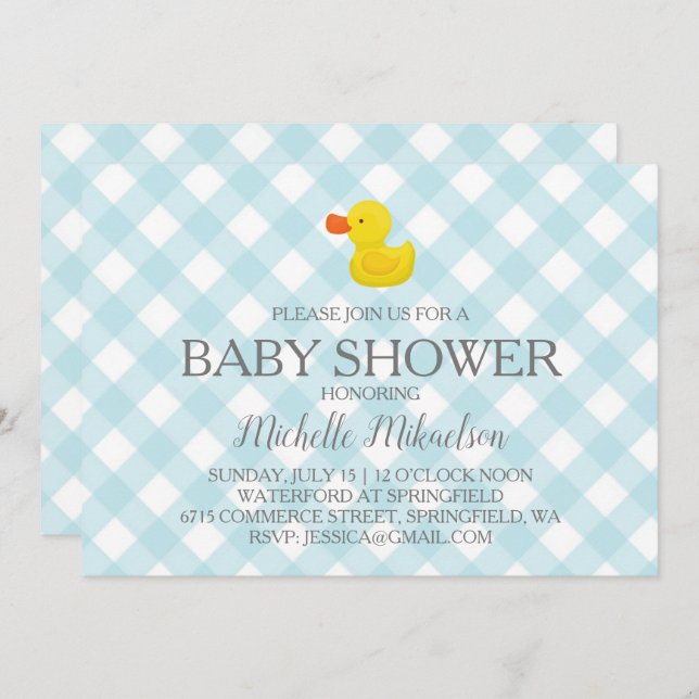 Invitation Baby shower en caoutchouc En vichy bleu (Devant / Derrière)