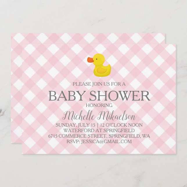 Invitation Baby shower en caoutchouc En vichy rose (Devant / Derrière)