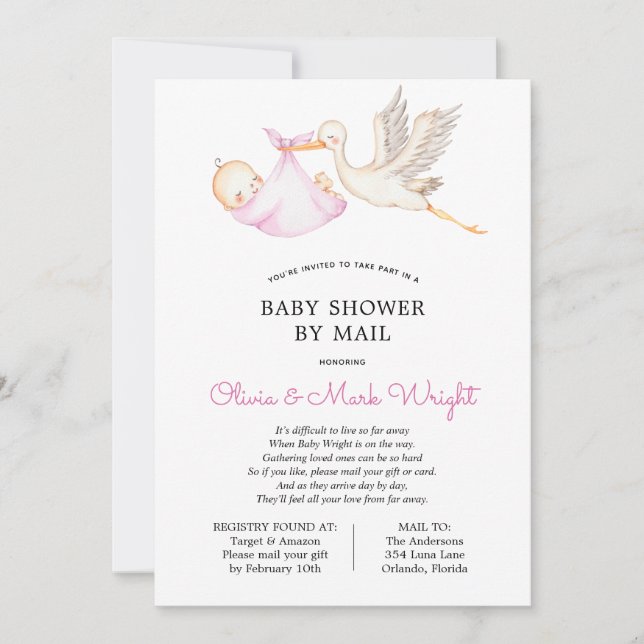 Invitation Baby shower en cigogne rose par courrier (Devant)