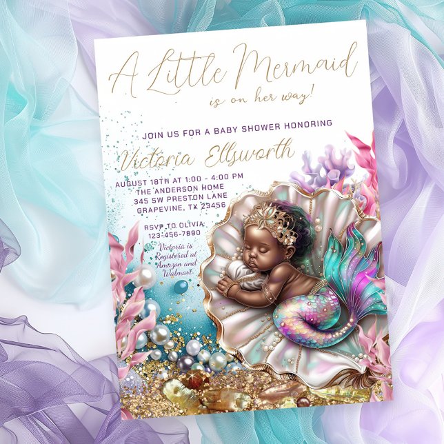 Invitation Baby shower en coquille de sirène dormant (Cute sleeping mermaid in a beautiful clamshell.)