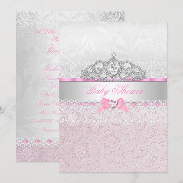 Invitation Baby shower en dentelle rose Princesse Tiara Invit (Devant / Derrière)