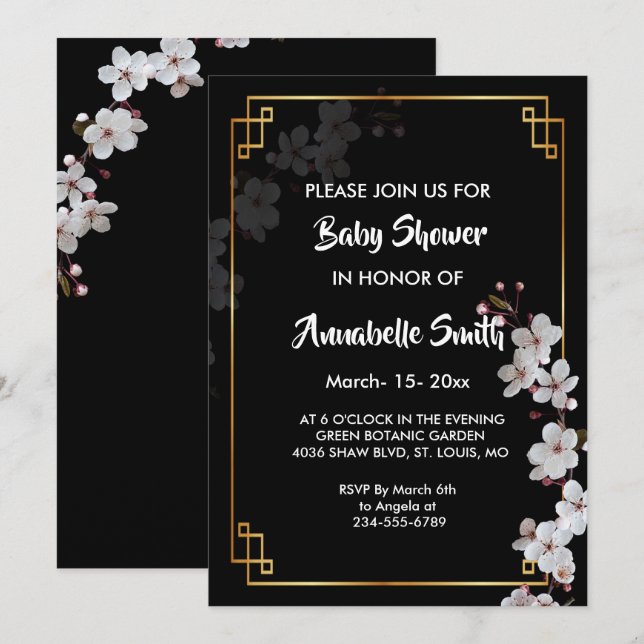 Invitation Baby shower en fleurs de cerisiers blancs et cadre (Devant / Derrière)