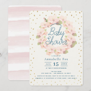 Invitation Baby shower en fleurs de cerisiers roses et d'or