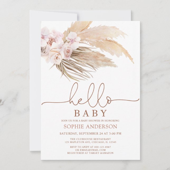 Invitation Baby shower en herbe Boho Pampas du dés (Devant)