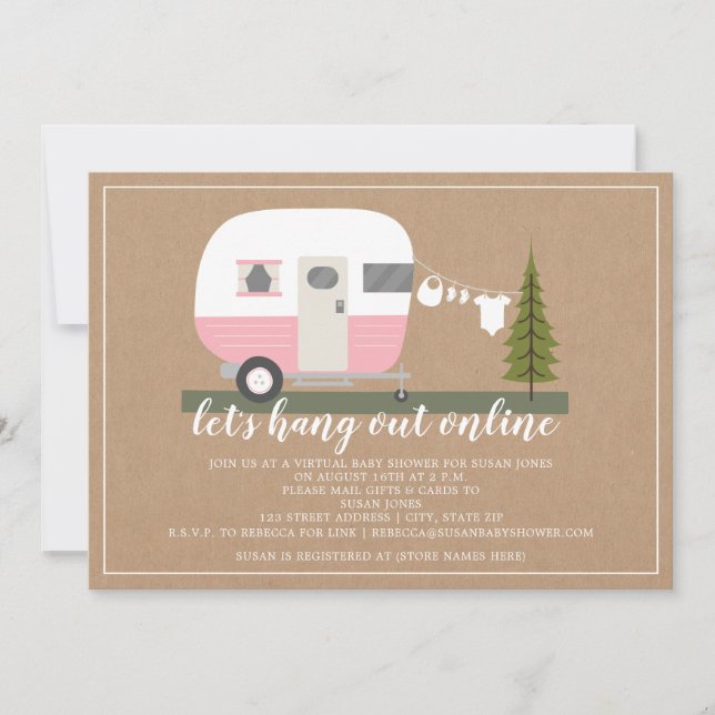 Invitation Baby shower en ligne Pink Trailer Camper Woodland (Devant)