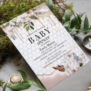 Invitation Baby shower en marbre à Parties scintillant fleuri