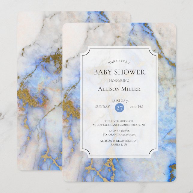 Invitation Baby shower en marbre bleu et or (Devant / Derrière)