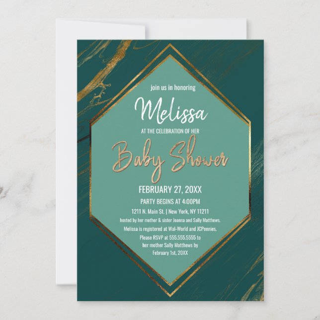 Invitation Baby shower en marbre géométrique Emerald Green Go (Devant)