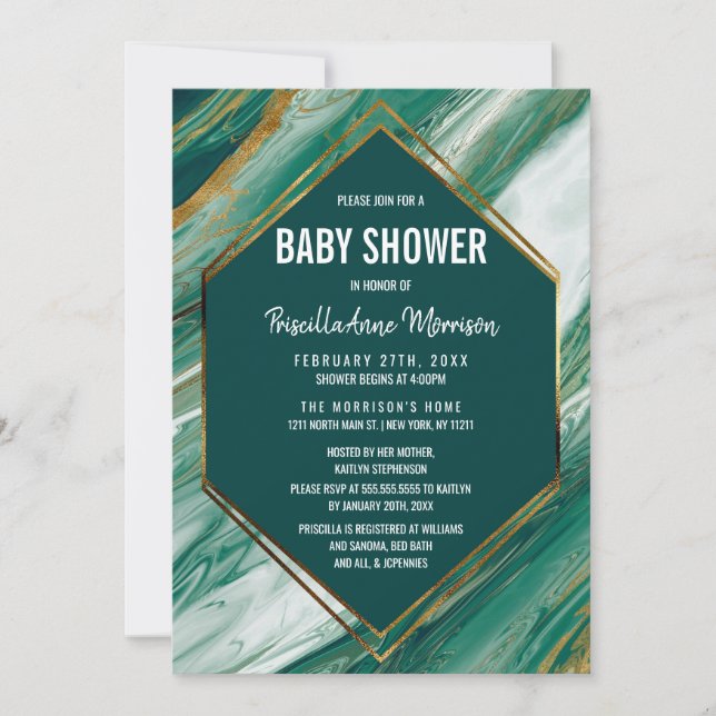 Invitation Baby shower en marbre marbré Abstrait Emerald Gold (Devant)