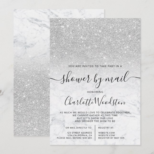 Invitation baby shower en marbre parties scintillant d'argent (Devant / Derrière)
