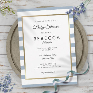 Invitation Baby shower en or Dusty Blue Stripe