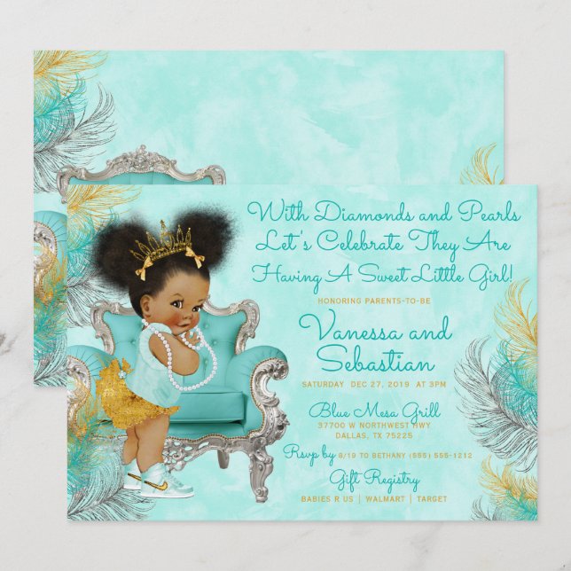 Invitation Baby shower en or turquoise (Devant / Derrière)