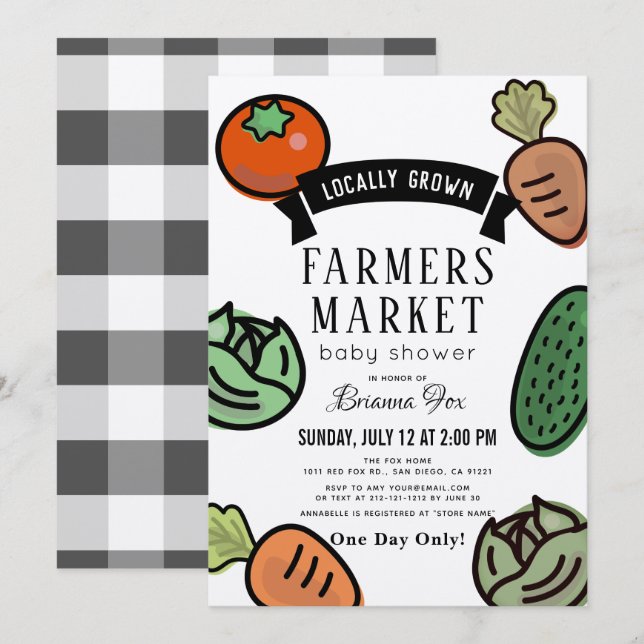 Invitation Baby shower en papier kraft du marché agricole (Devant / Derrière)