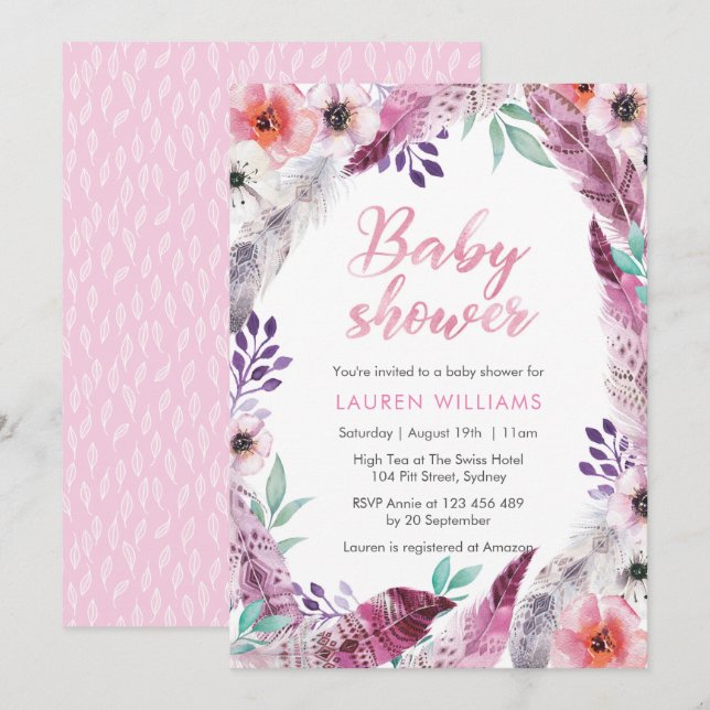 Invitation Baby shower en plumes de Boho rose (Devant / Derrière)