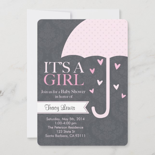 Invitation Baby shower en rose et gris (Devant)