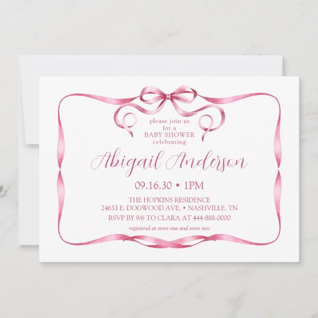 Invitation Baby shower en ruban rose aquarelle (Devant)