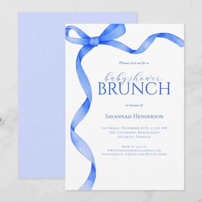 Invitation Baby shower en ruban Sapphire Blue Bow Brunch (Devant / Derrière)