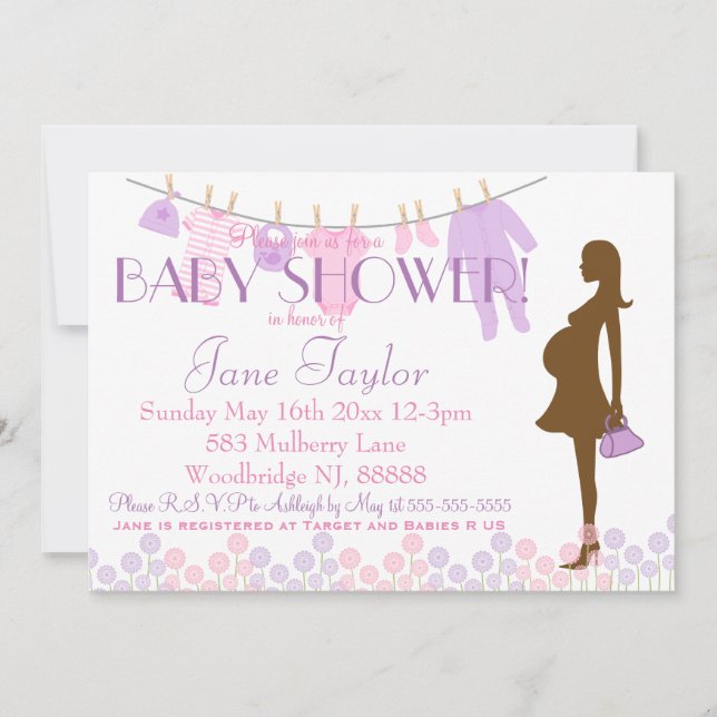 Invitation Baby shower en silhouette rose et violet (Devant)