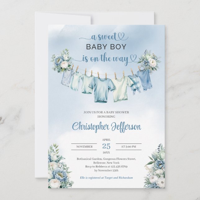 Invitation Baby shower en tissu bleu bébé garçon doux (Devant)