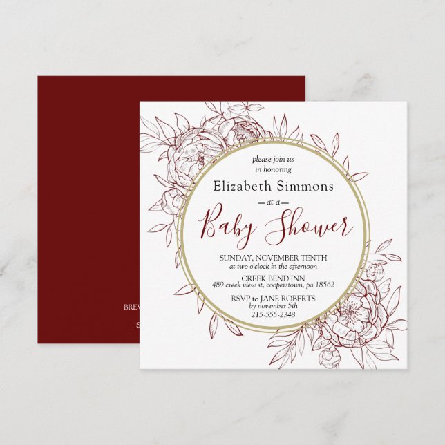 Invitation Baby shower en toile florale de pivoine rouge fonc (Devant / Derrière)