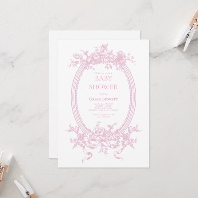 Invitation Baby shower en toile rose de Jouy (Devant/Arrière en situation)