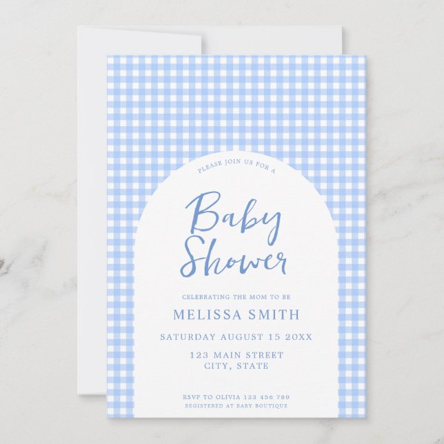 Invitation baby shower En vichy bleu À damiers (Devant)