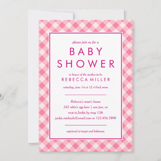 Invitation Baby shower | En vichy rose (Devant)