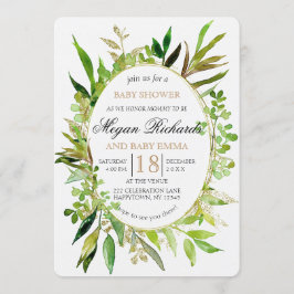 Invitation Baby shower encadrée de feuilles vertes