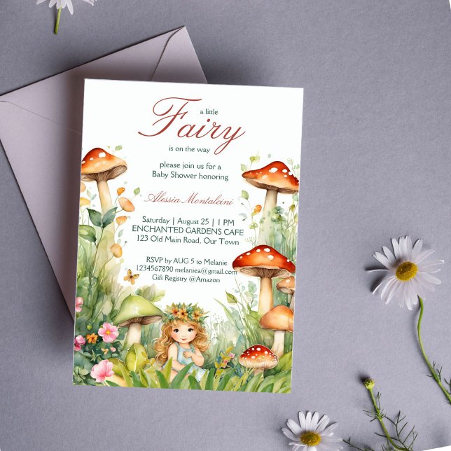 Invitation Baby shower enchanté de fées de jardin (Enchanted garden cute fairy baby shower invitation editable template download forest mushrooms)