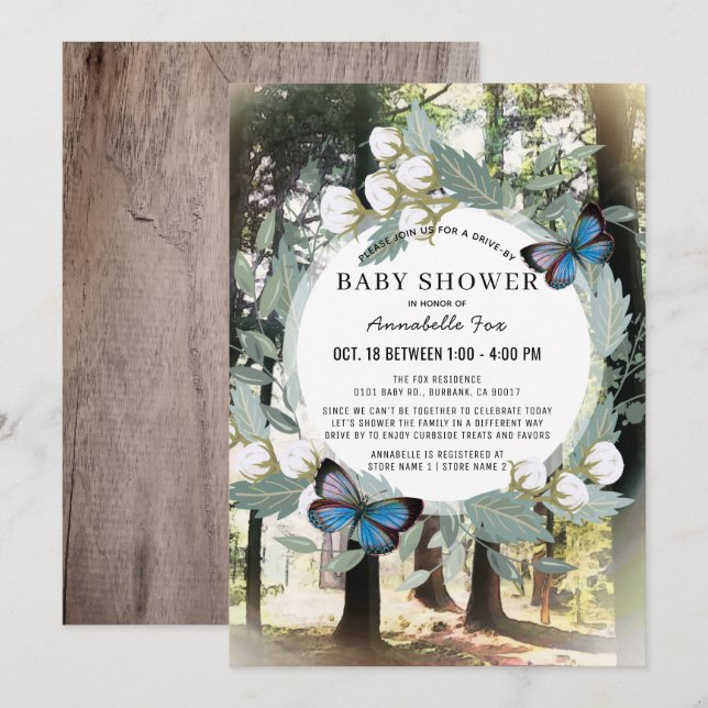 Invitation Baby shower Enchanted Forest Butterfly Drive-by (Devant / Derrière)