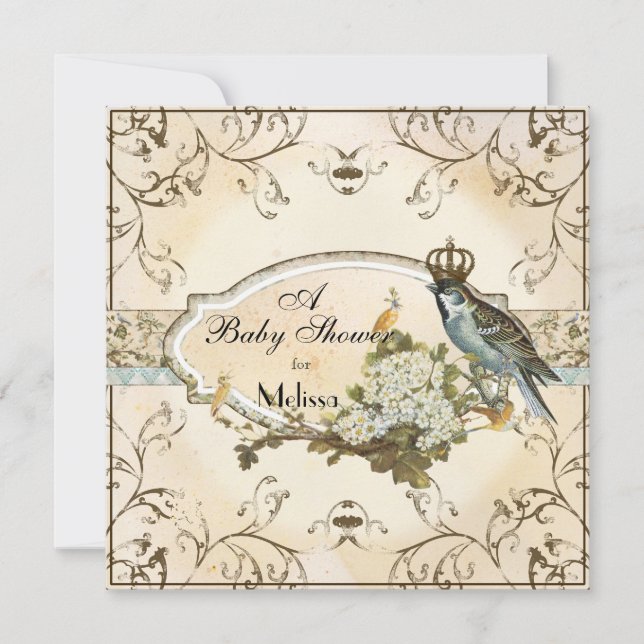 Invitation baby shower - Enchantée Oiseaux de Bois (Devant)