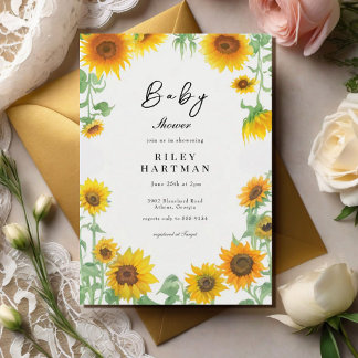 Invitation Baby shower ensoleillé de tournesol jaune élégant