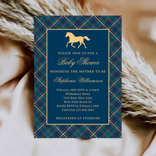 Invitation Baby shower équestre bleu Plaid Preppy classique (Créateur téléchargé)