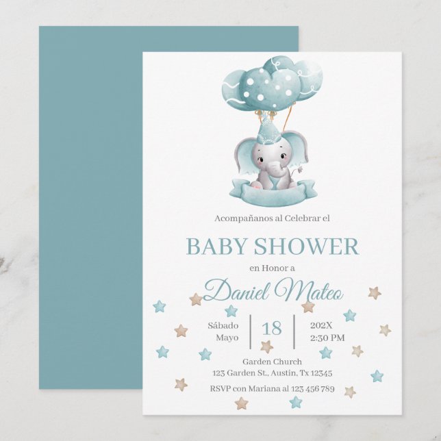 Invitation Baby shower espagnol des éléphants (Devant / Derrière)