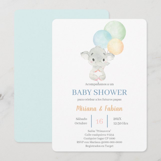 Invitation Baby shower espagnol des éléphants (Devant / Derrière)