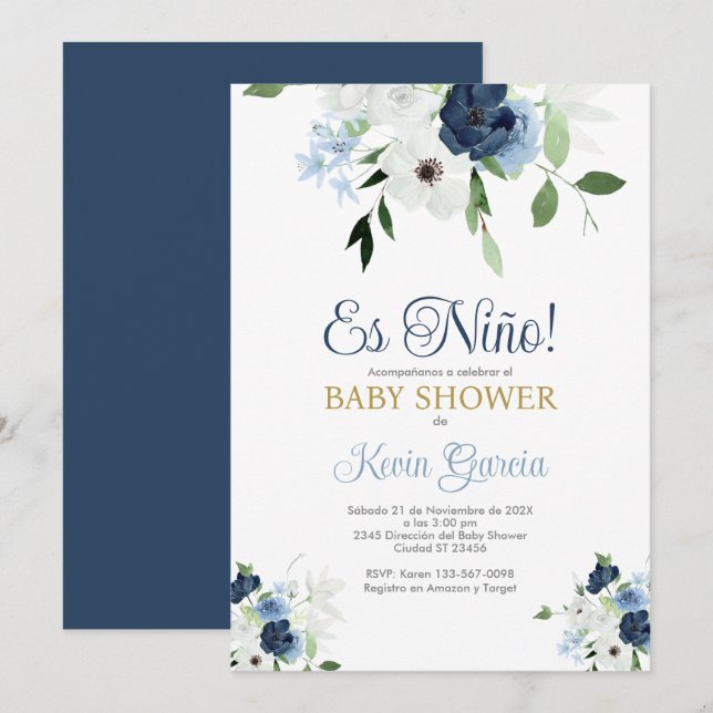 Invitation Baby shower espagnol garçon (Devant / Derrière)