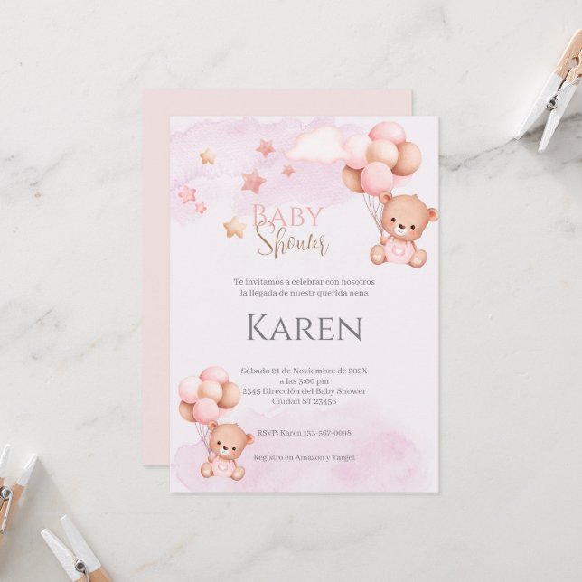 Invitation Baby shower espagnol Ours rose fille (Devant/Arrière en situation)