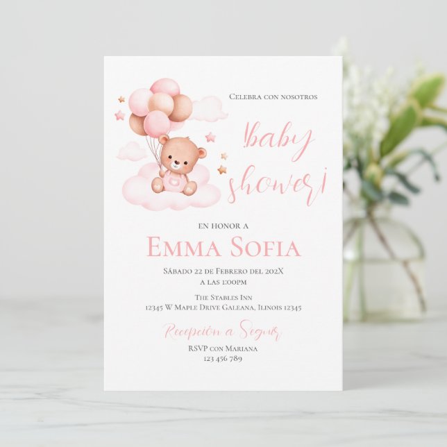Invitation Baby shower espagnol rose (Debout devant)