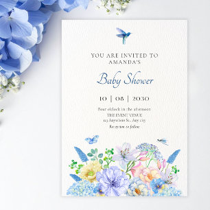 Invitation Baby shower esthétique jardin floral bleu