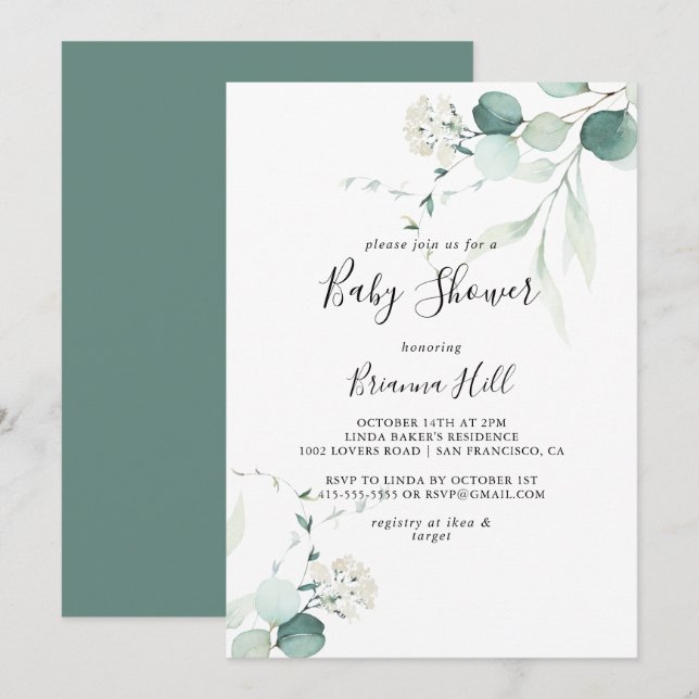 Invitation Baby shower Été Vert Eucalyptus Foliage (Devant / Derrière)