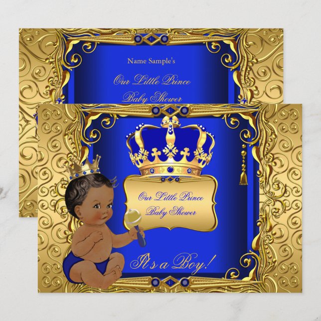 Invitation Baby shower ethnique Boy Royal Blue Gold (Devant / Derrière)