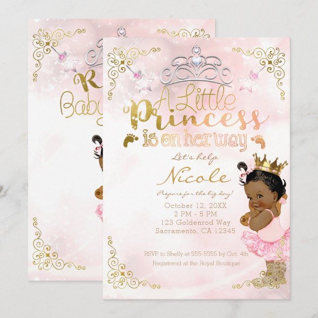 Invitation Baby shower ethnique de la peau noire rose princes (Devant / Derrière)