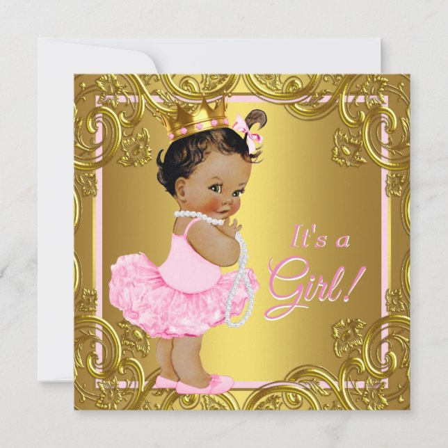 Invitation Baby shower ethnique Princesse Tutu d'or rose (Devant)