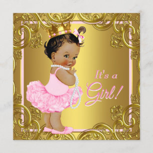 Invitation Baby shower ethnique Princesse Tutu d'or rose