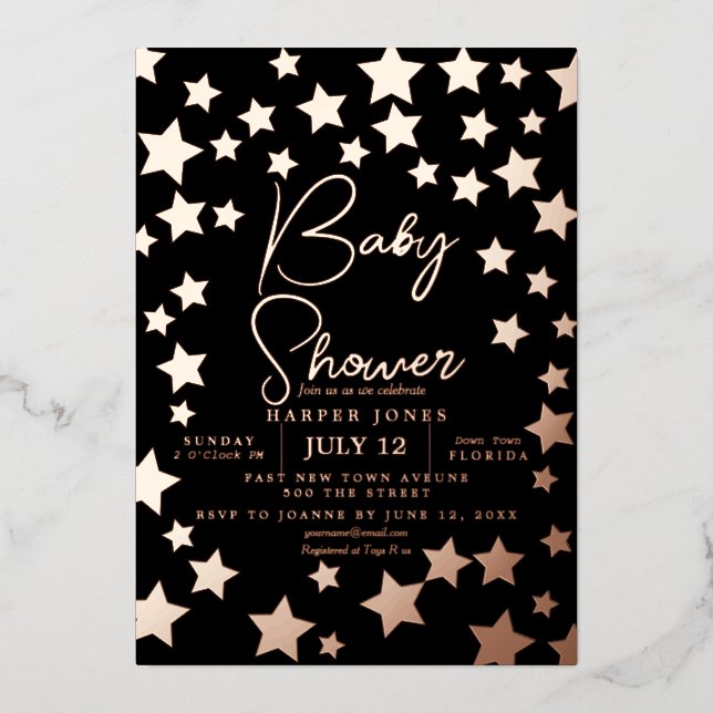 Invitation Baby Shower étoile noire et cuivre à si (Recto)