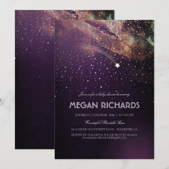 Invitation Baby shower étoile Plum et Gold Shoot Star Starry (Devant / Derrière)